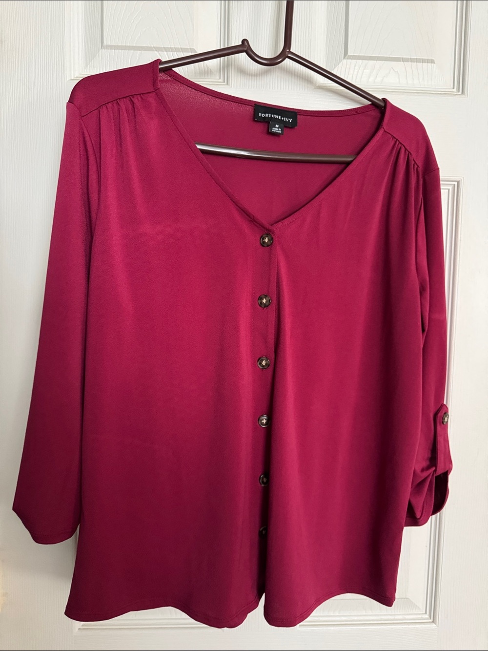Fortune+Ivy Magenta Button-Front V-Neck Blouse